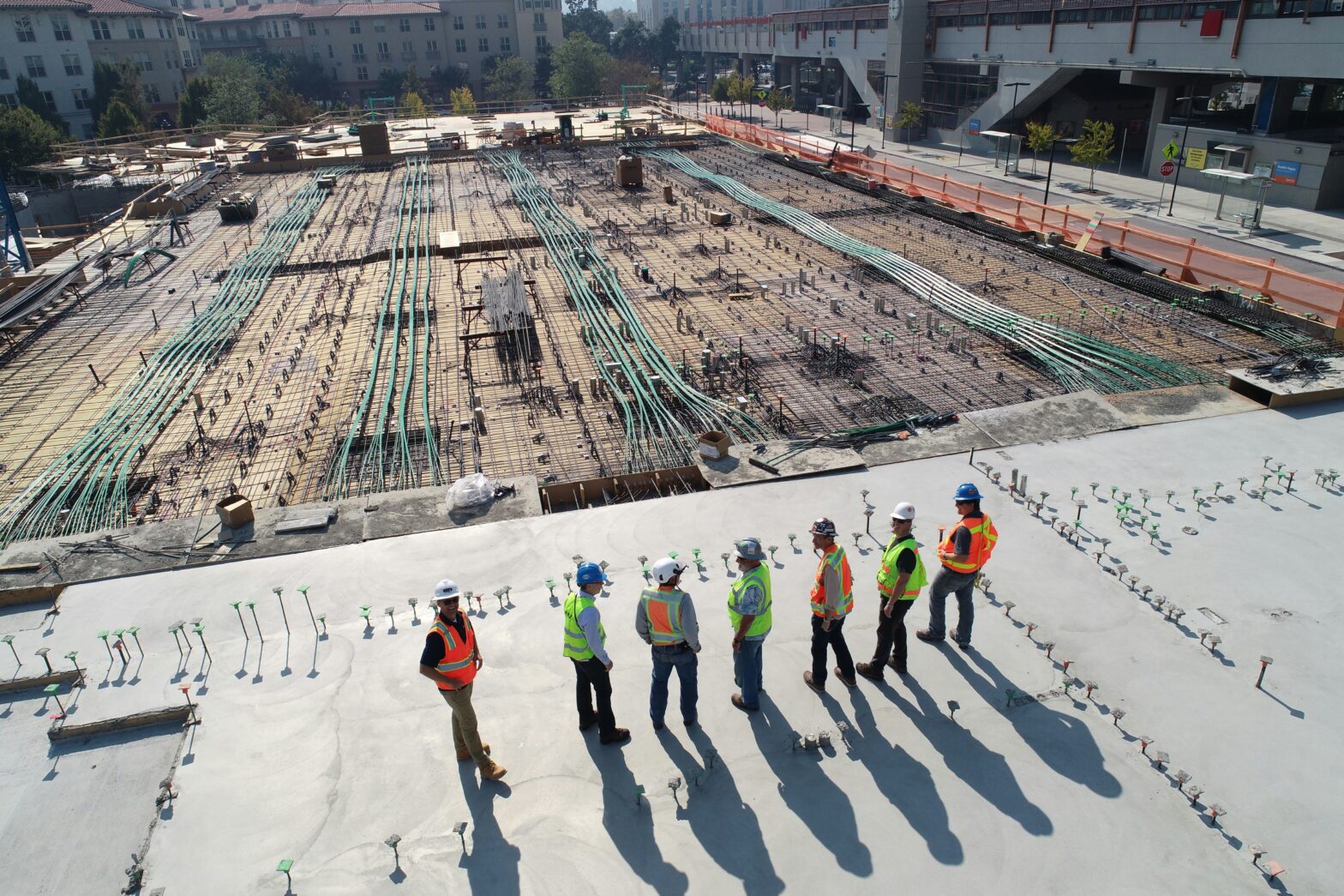 Team inspecting building foundations